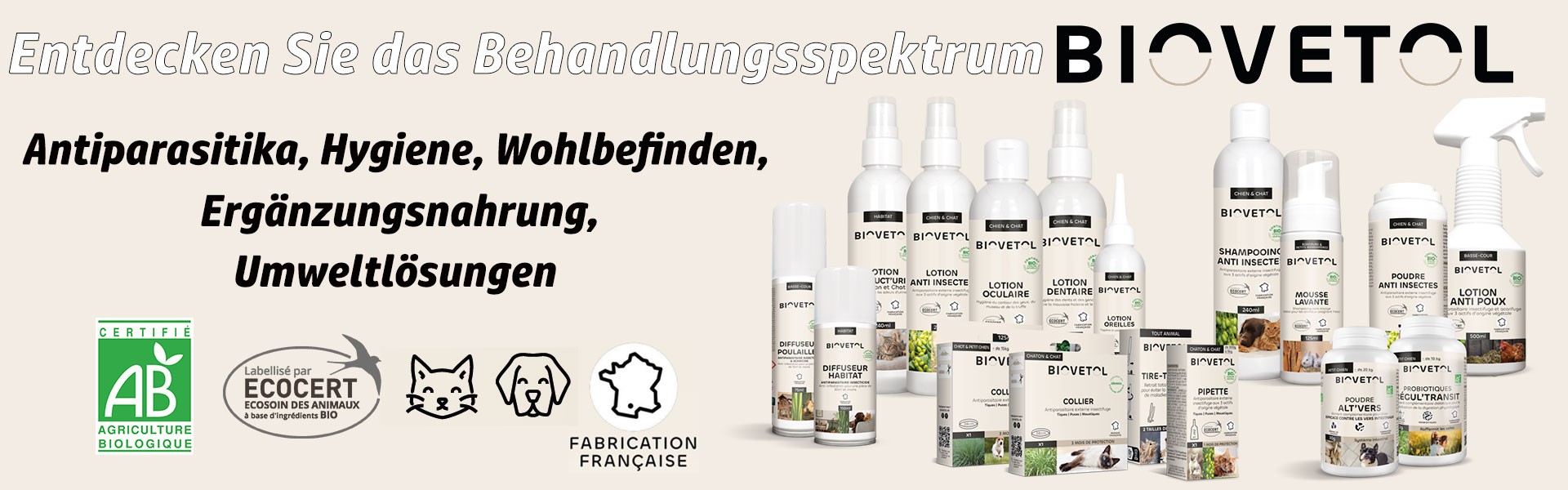 Sortiment an Hundepflegeprodukten, Ecocert-zertifiziert